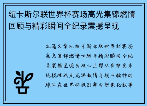 纽卡斯尔联世界杯赛场高光集锦燃情回顾与精彩瞬间全纪录震撼呈现